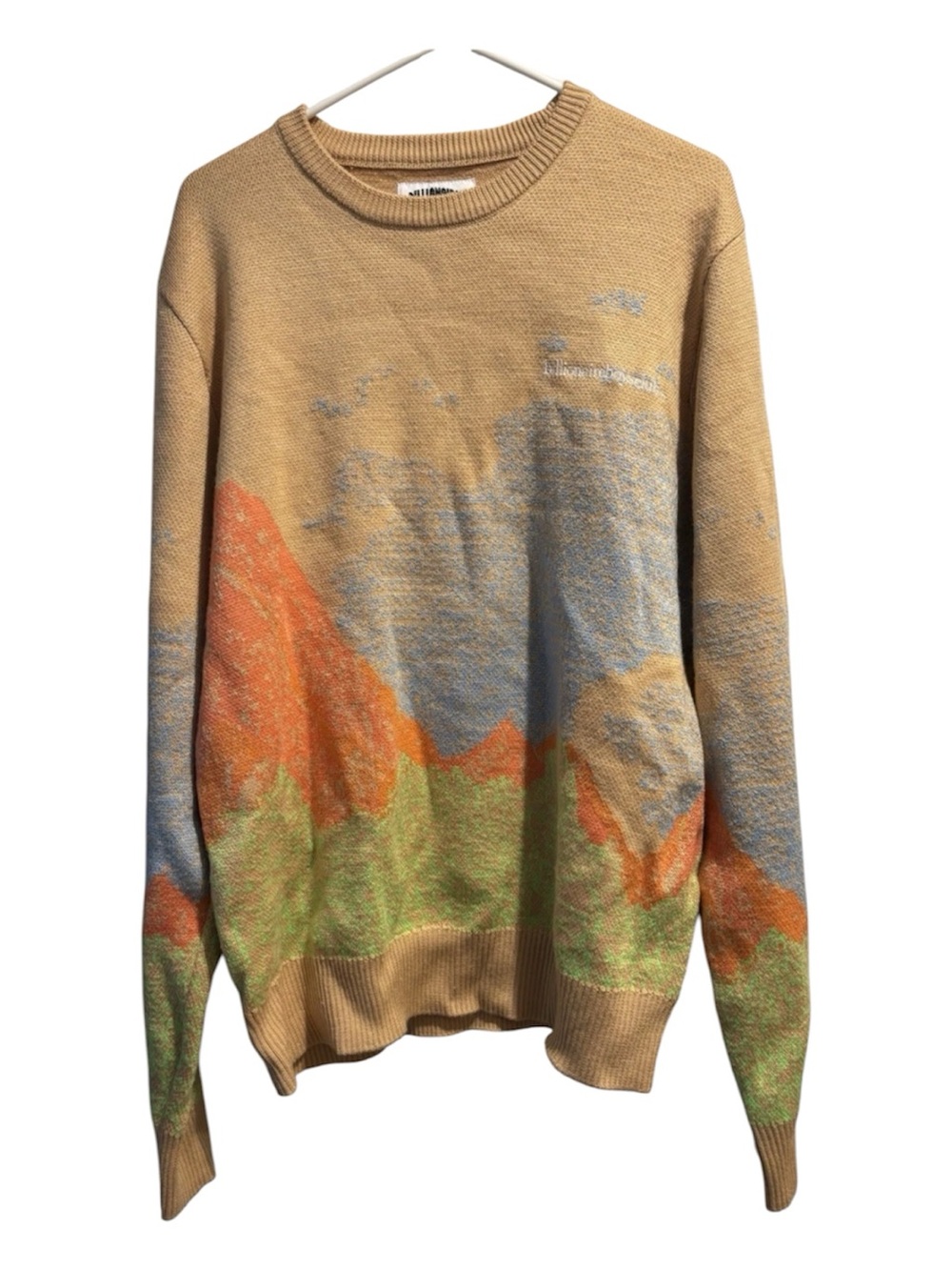 Billionaire Boys Club Tan Crewneck Sweater with Orange, Blue & Green Landscape